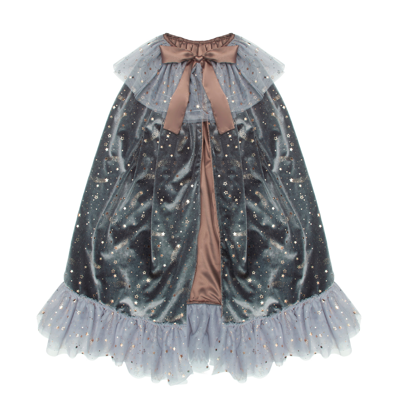 Luxurious grey velvet witch cape with layered tulle collar and skirt speckled with rose gold stars, featuring a sating bow and lining