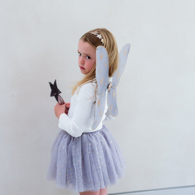 Little girl wearing grey tulle tutu speckled with gold stars and grey netted gold star print fairy wings