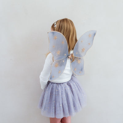 Little girl wearing grey tulle tutu speckled with gold stars and grey netted gold star print fairy wings