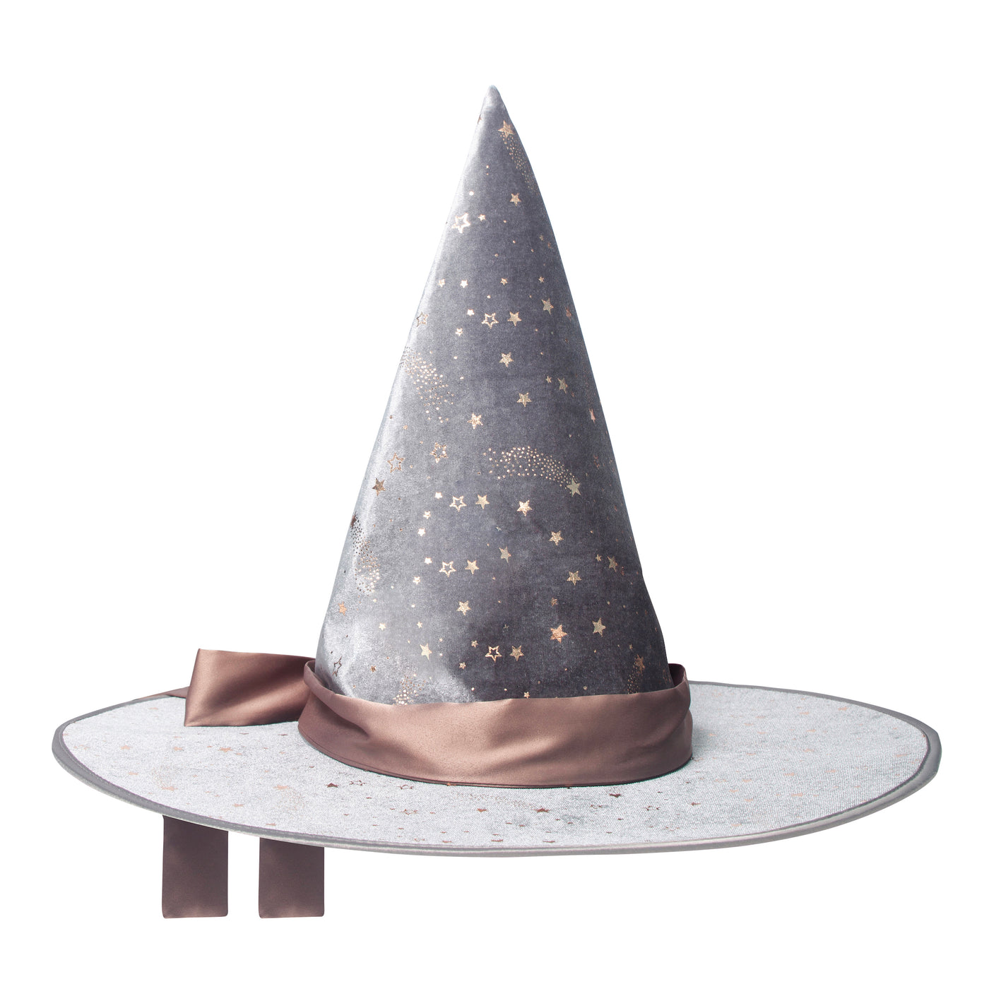 Soft grey velvet witch hat with large brim and oversized pink bow