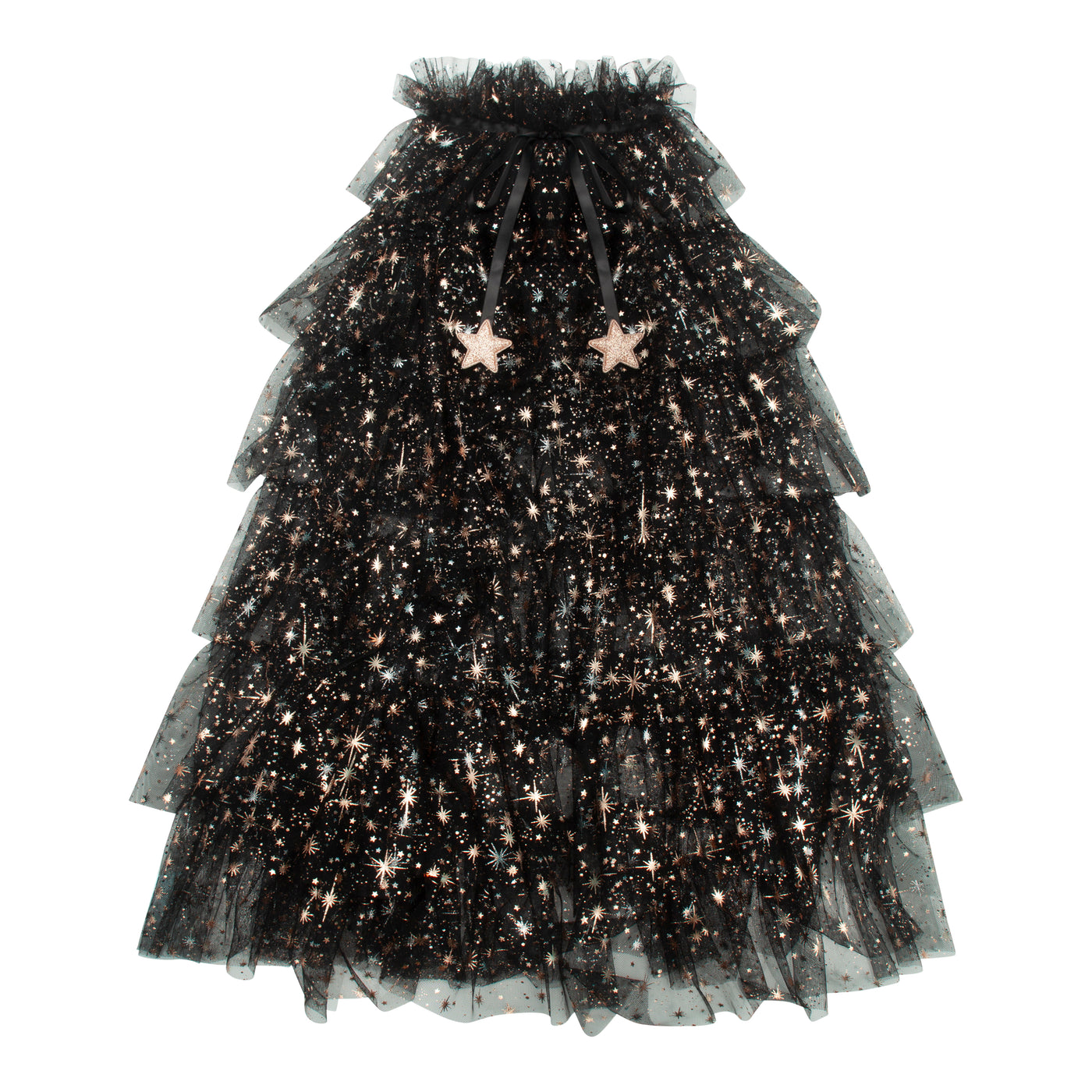 Black, star print super soft layered tulle witches cape with gold star charms and popper button closure