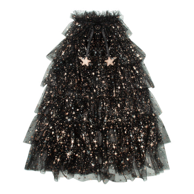 Black, star print super soft layered tulle witches cape with gold star charms and popper button closure