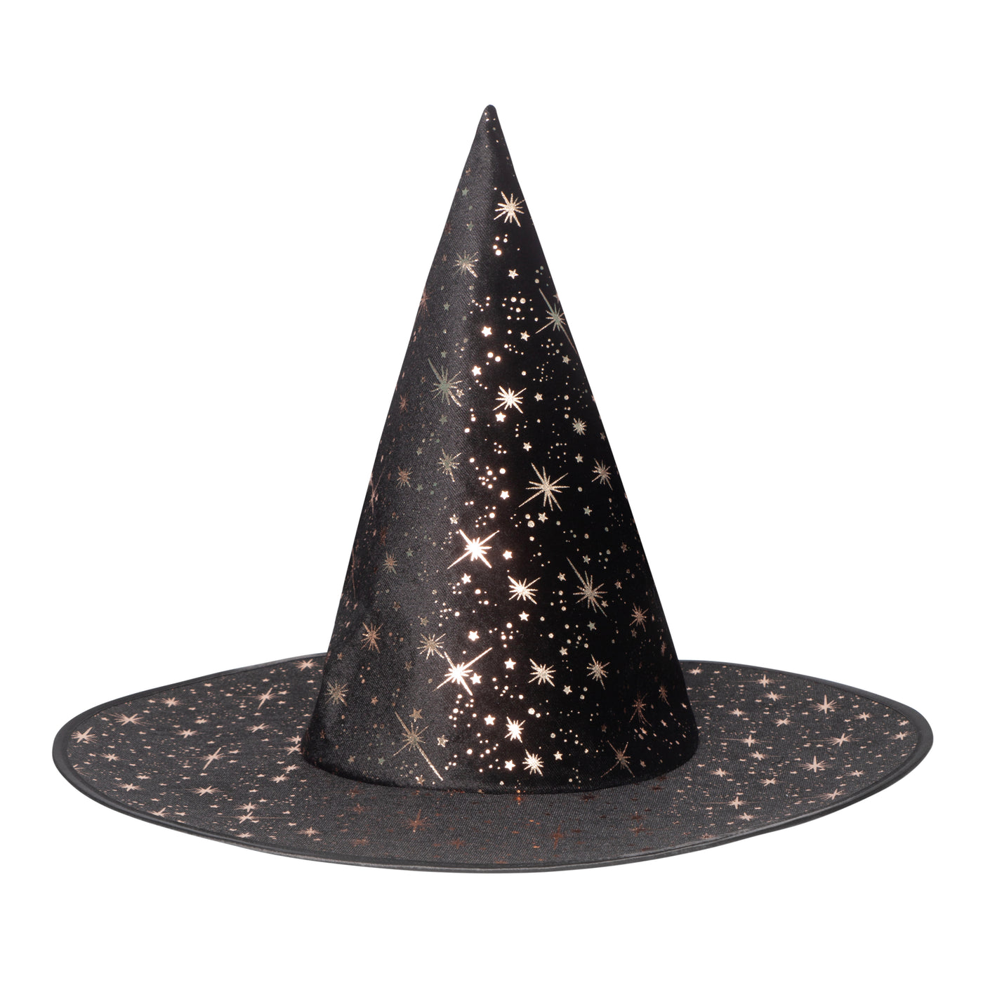 Classic shaped black witches hat with spectacular gold starry print