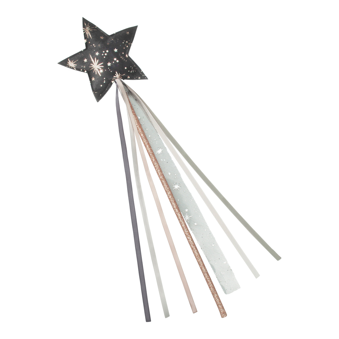 Dark grey padded velvet star wand with ribbon trails and gold foil star print