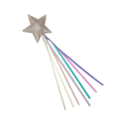 Gold glitter padded star fairy wand with brightly coloured tassels and ribbon wrapped stick