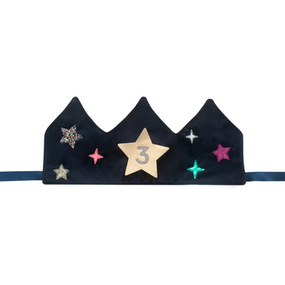 Luxe navy birthday crown embellished with glitter and metallic stars with interchangeable numbered gold stars and satin ribbon tie