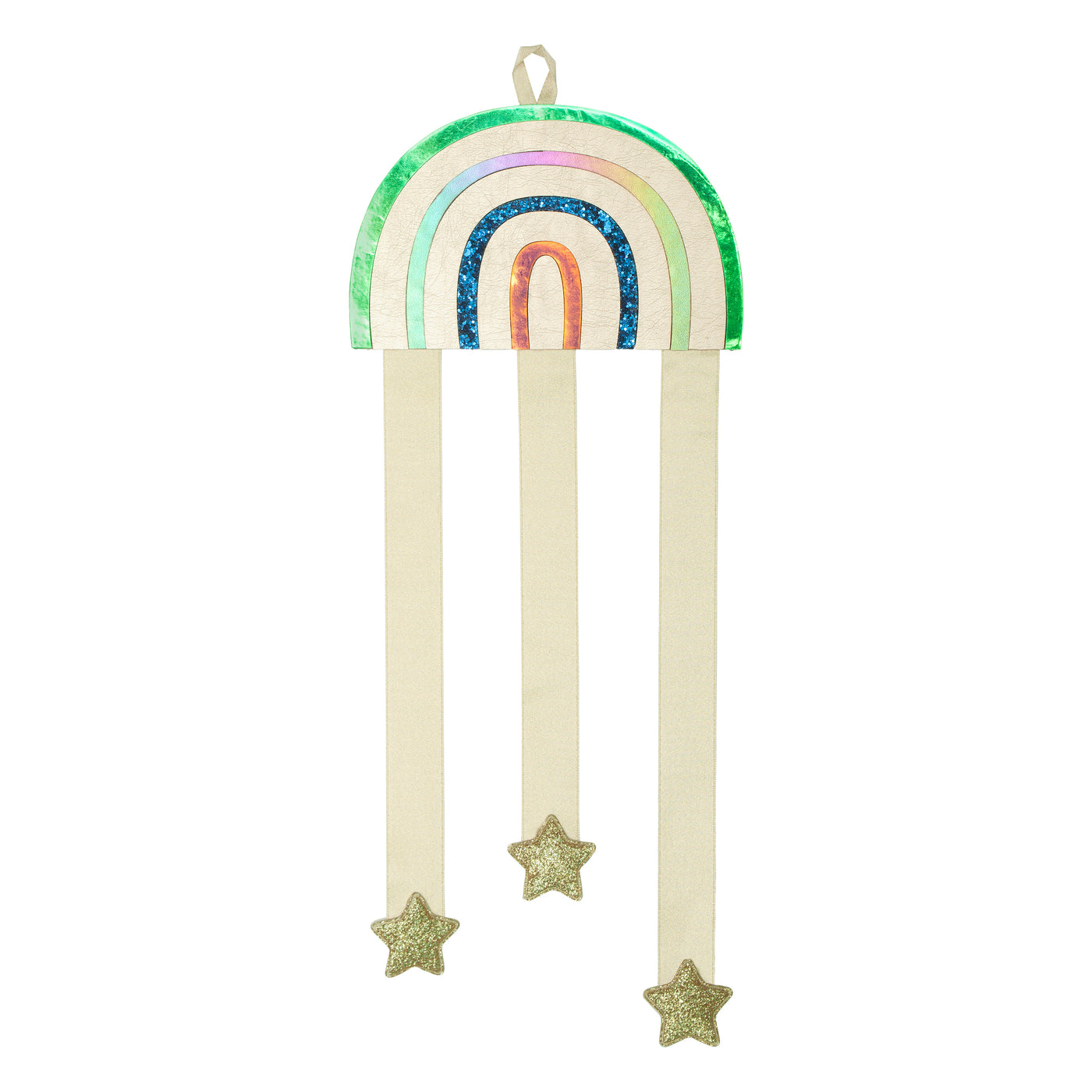 Brightly coloured glitter and metallic fabric rainbow clip hanger for clip storage