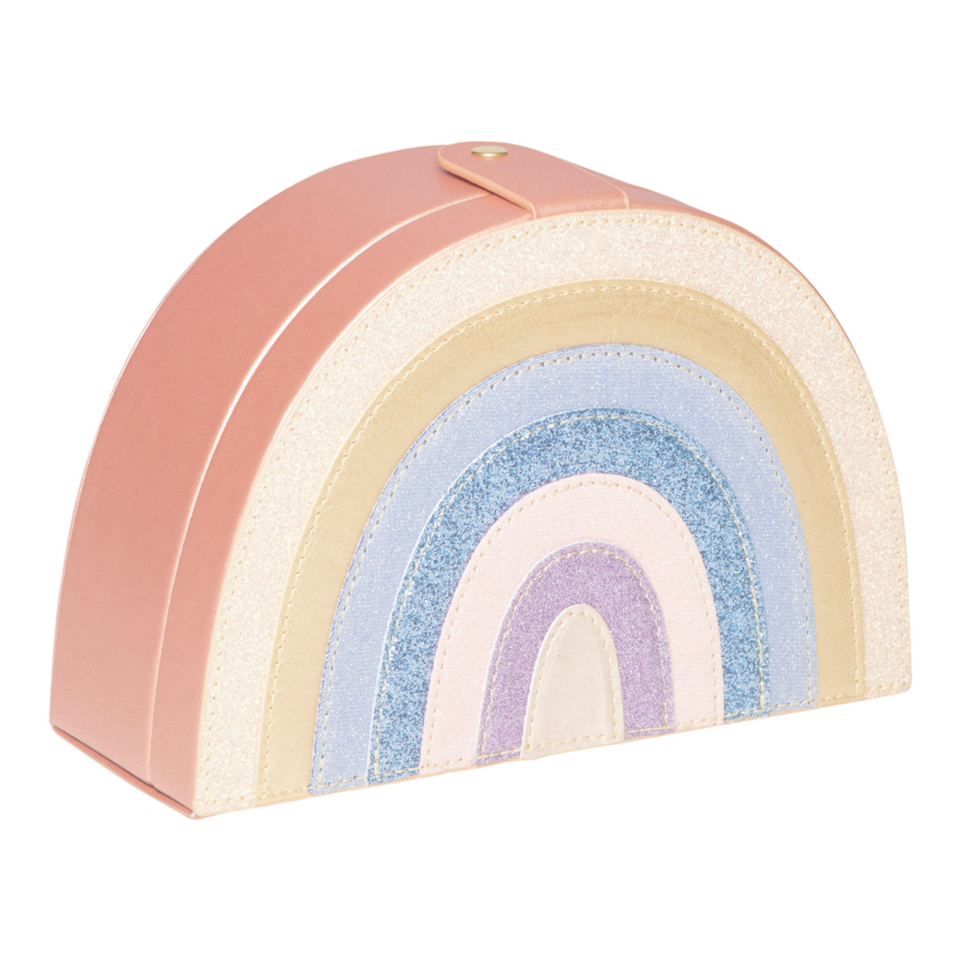 Rainbow shaped jewellery box in a mix of soft pastel glitter and metallic fabrics