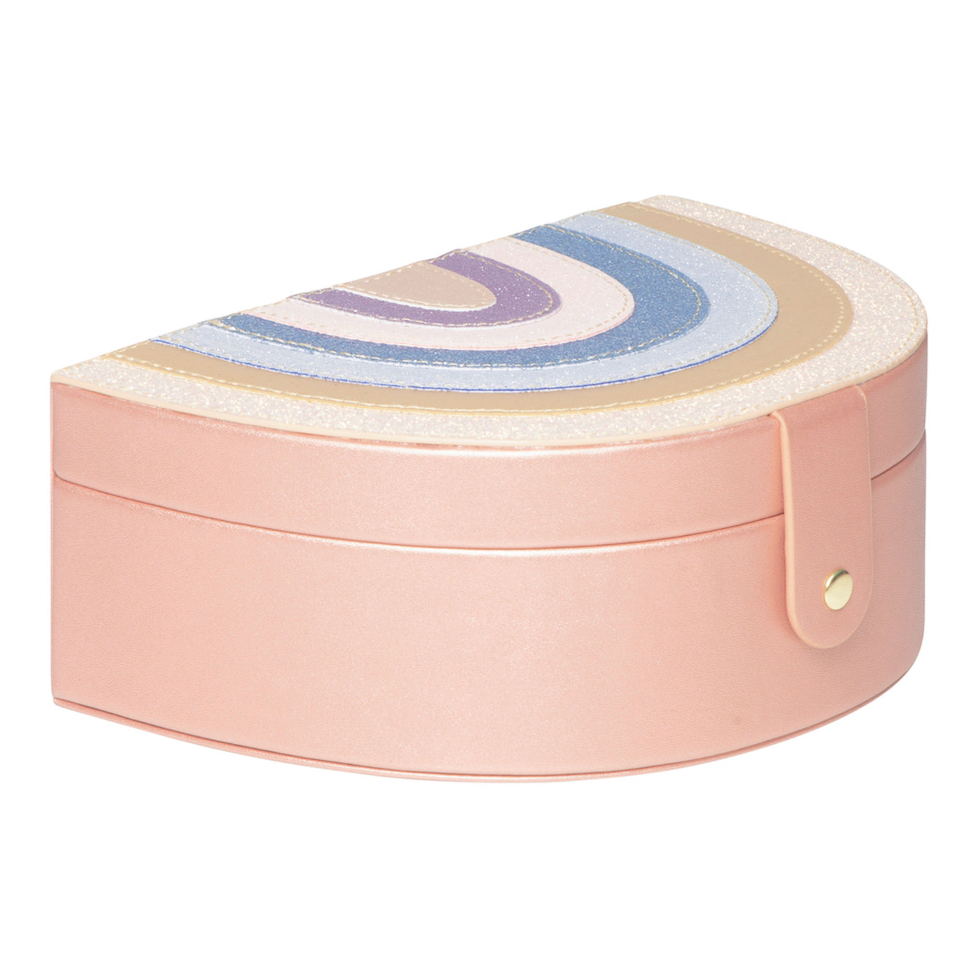 Beautiful pastel coloured children's jewellery box laid flat with gold popper