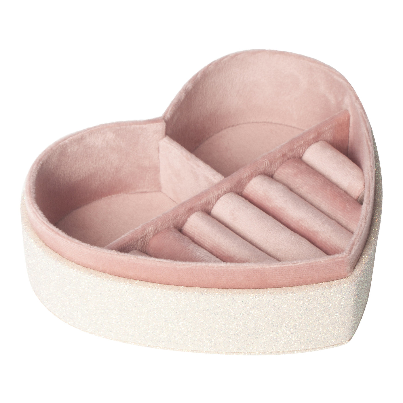 Open white glitter heart shaped jewellery box with soft pink velvet lining