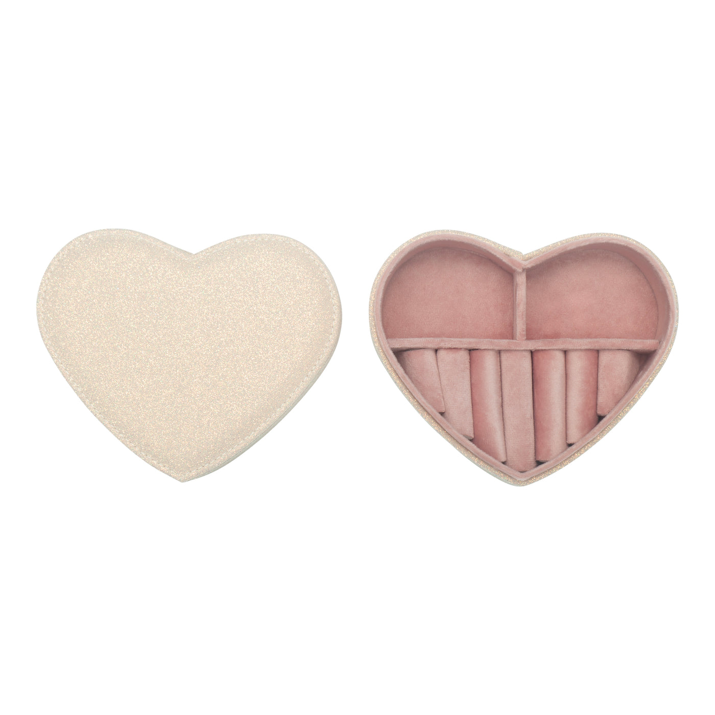 Photo showing the lid and inside of a pretty glitter heart shaped jewellery box with a soft pink velvet interior