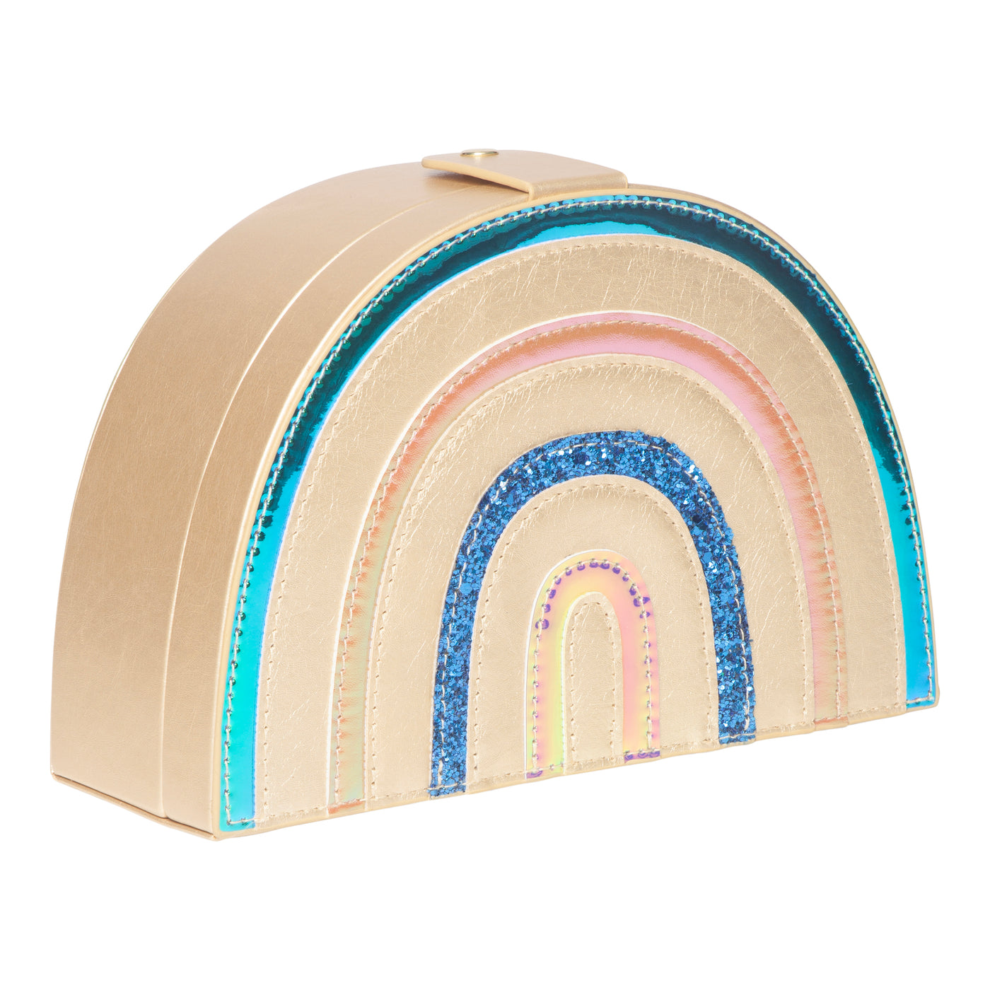 Metallic gold rainbow shaped jewellery box with brightly coloured stripes of glitter and metallic blue and pink fabrics