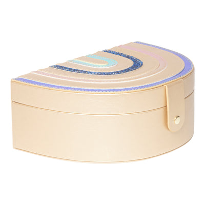 Metallic gold rainbow shaped jewellery box laid flat with popper button closure