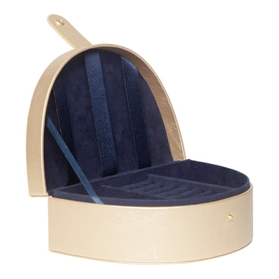 Metallic gold jewellery box with navy suedette lining on white background