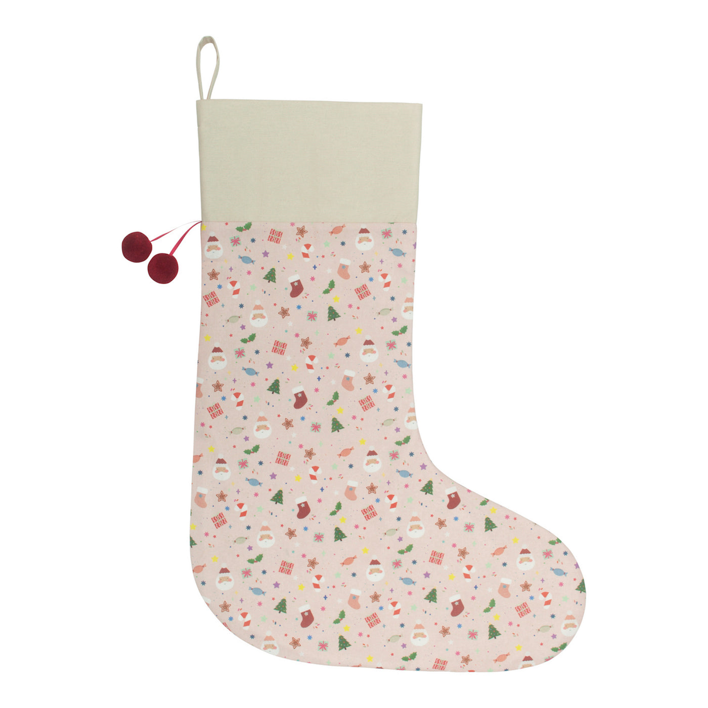 Jolly festive print pink stocking with hanging loop and sweet red pom poms!