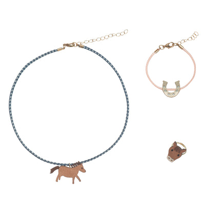 Trio of horse themed jewellery including one horse necklace and ring plus a sparkly horseshoe bracelet