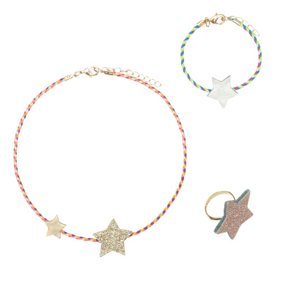 Three piece jewellery set in bright, fun colours featuring sparkly glitter and matt metallic fabric stars