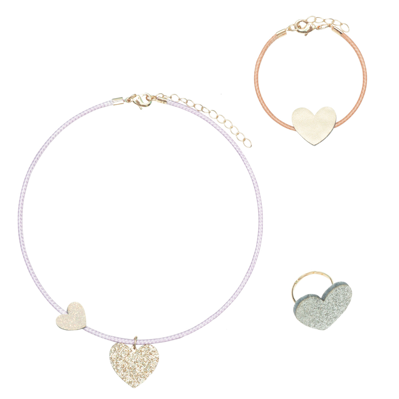 Heart jewellery set including a necklace, bracelet and ring featuring sparkling glitter and metallic fabric hearts