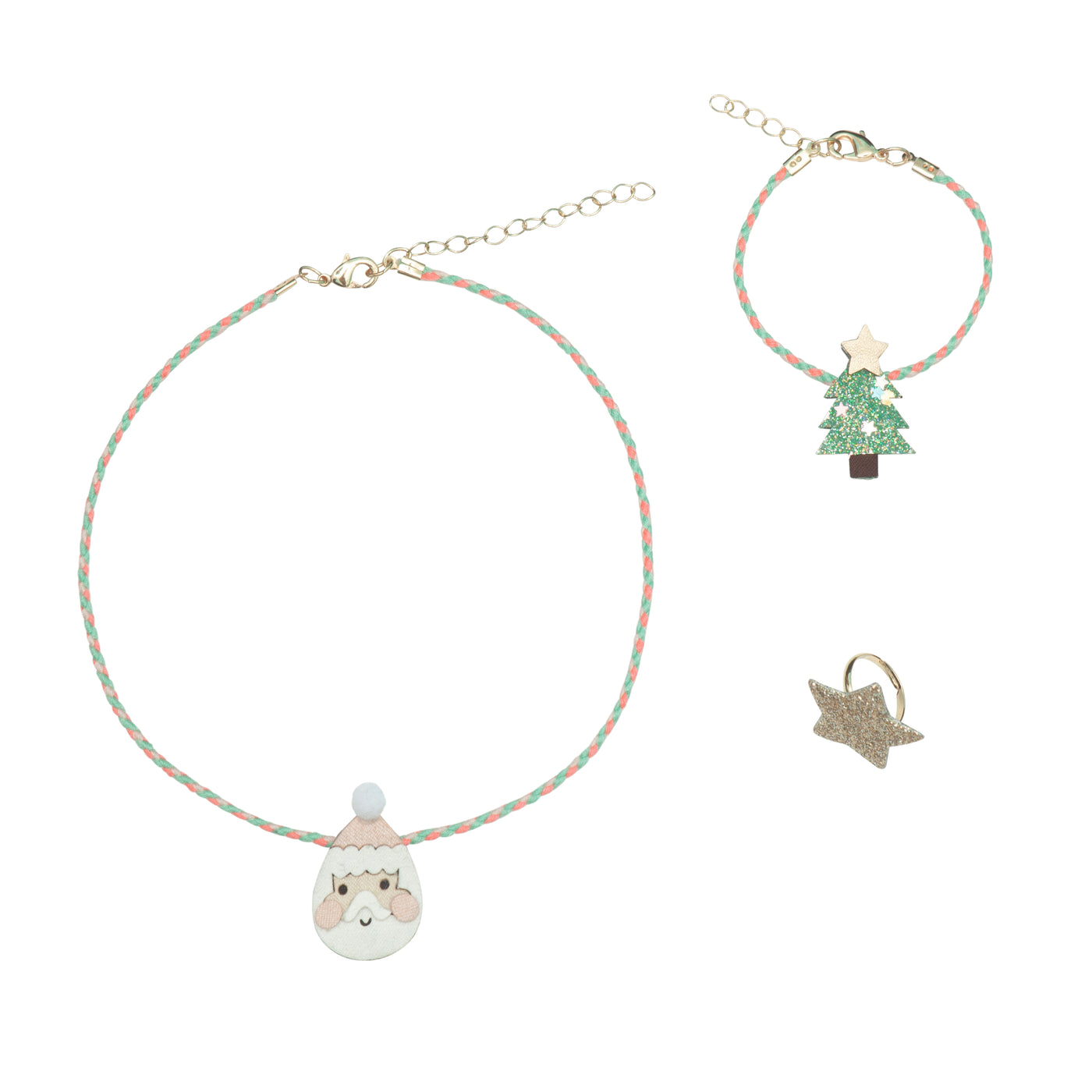 Christmas jewellery set featuring a santa necklace, twinkling tree bracelet and a sparkling star ring!