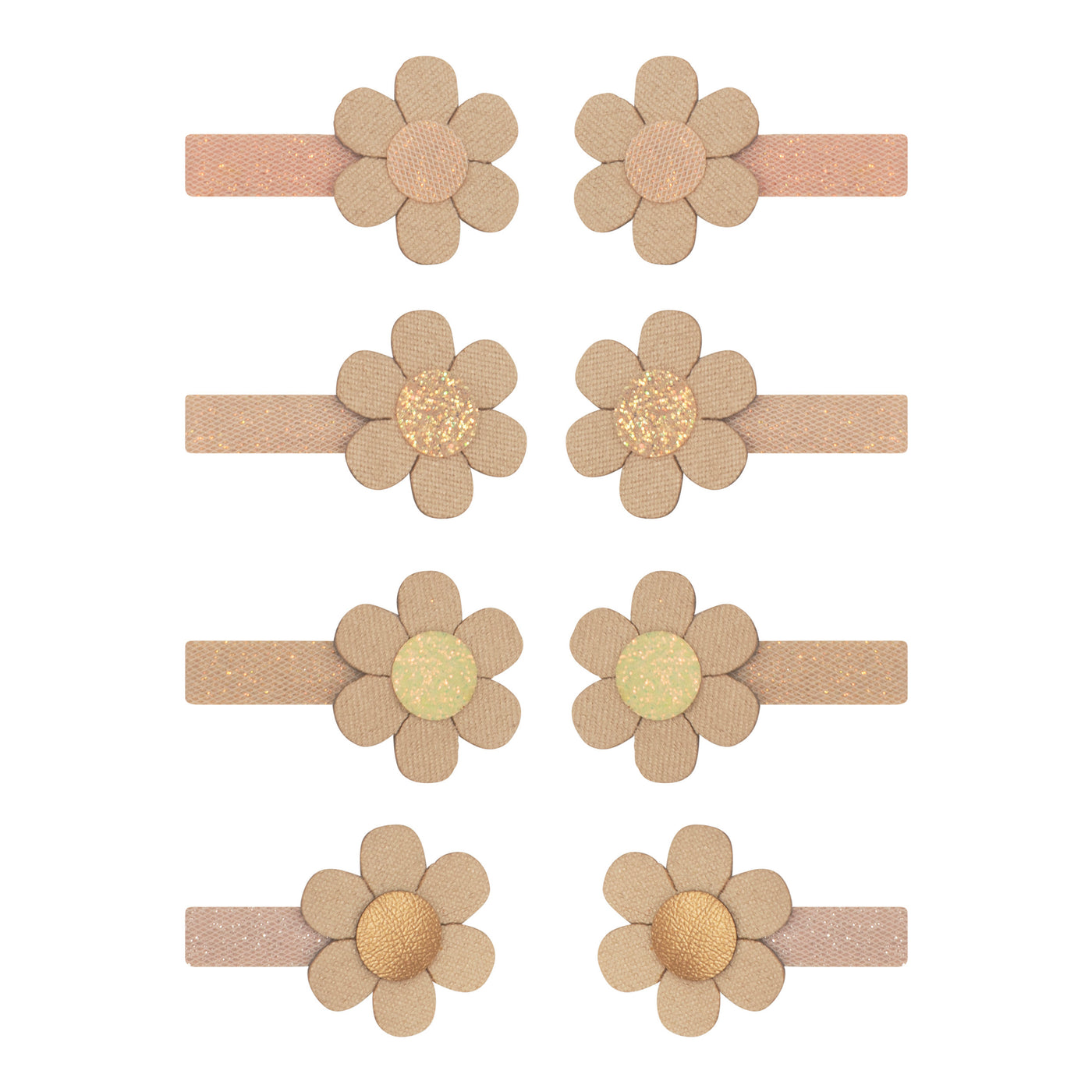 Eight mini hair clips in pink and neutral glitter fabrics featuring gold and cream glitter daisy heads