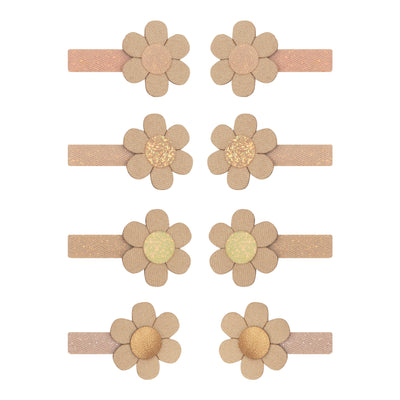 Eight mini hair clips in pink and neutral glitter fabrics featuring gold and cream glitter daisy heads