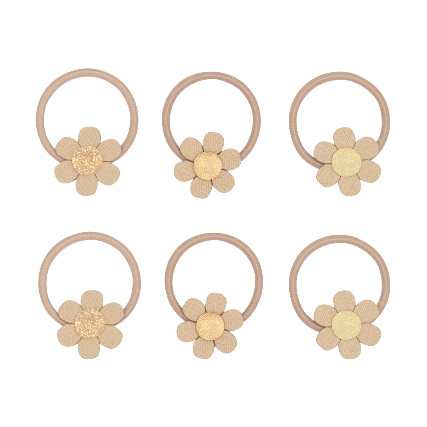 Six mini hair ties featuring fabric cream coloured daisies with metallic and glitter centres on neutral coloured elastics