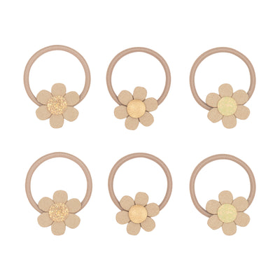 Six mini hair ties featuring fabric cream coloured daisies with metallic and glitter centres on neutral coloured elastics