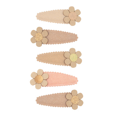 Five pack of glitter hair clips featuring cream and gold fabric daisies