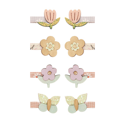 Eight pack of fresh spring time mini children's hair clips featuring pastel coloured flowers and glitter butterflies on floral and gingham print wrapped clips