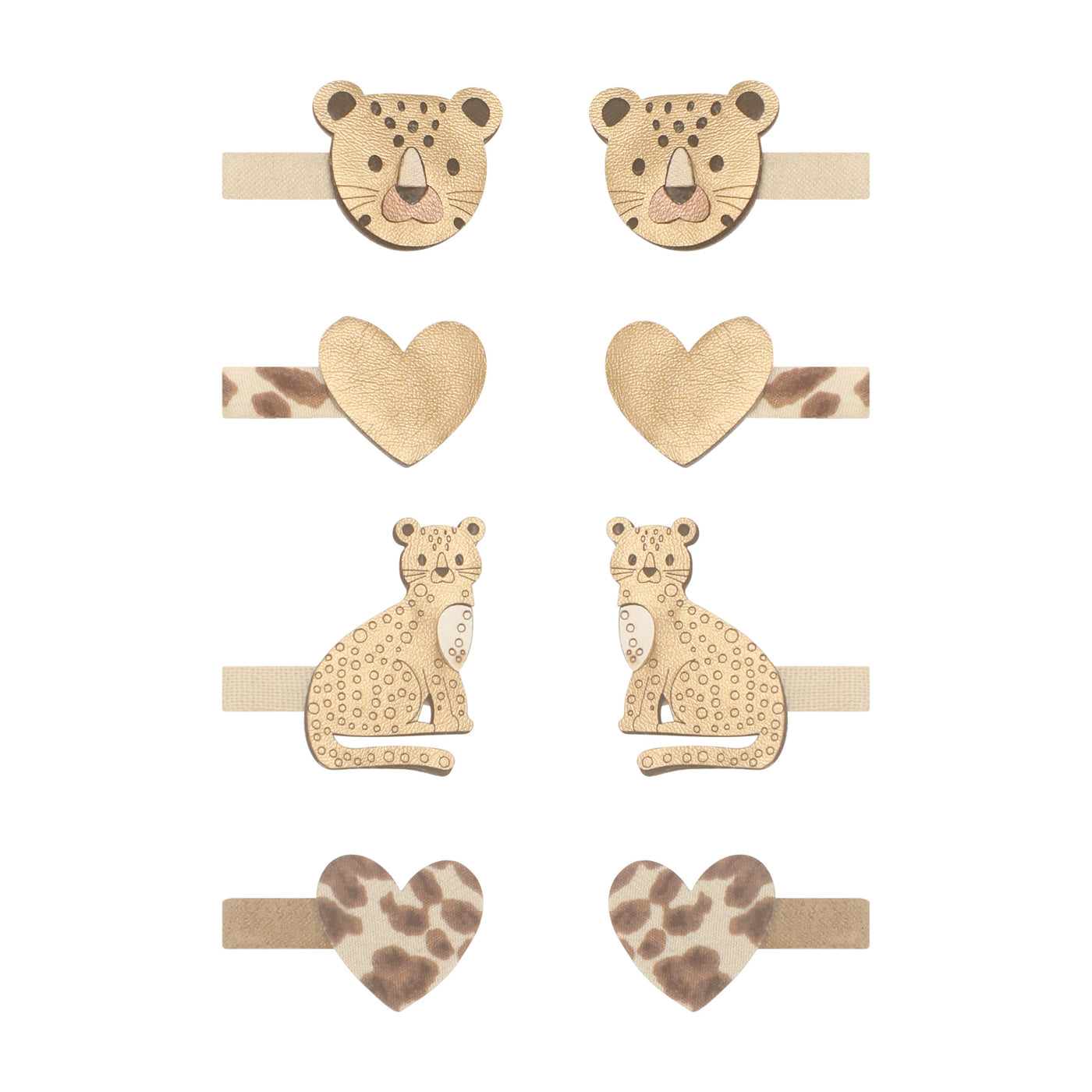 Eight pack of cute leopard theme mini hair clips including little leopards, leopard faces and animal print hearts with gold 