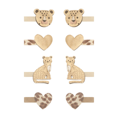 Eight pack of cute leopard theme mini hair clips including little leopards, leopard faces and animal print hearts with gold 