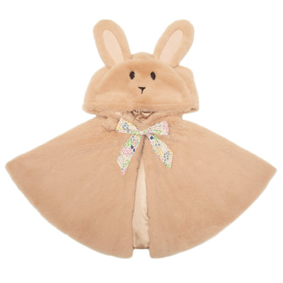 Fluffy bunny cape for dressing up with hood including embroidered face, fluffy ears and a floral print fabric bow with popper to neck and satin lining