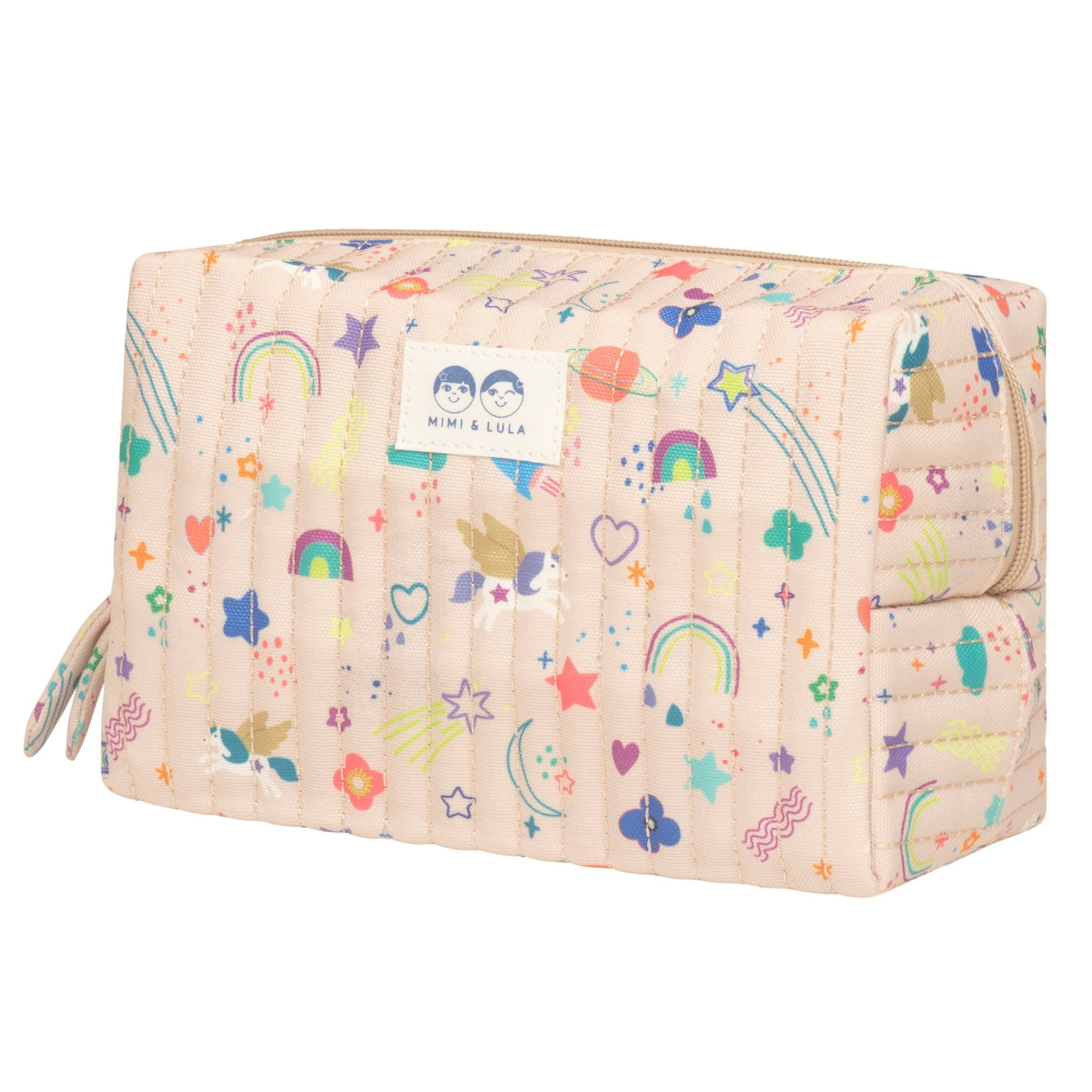 Children's wash bag in unicorn, rainbow and star print fabric