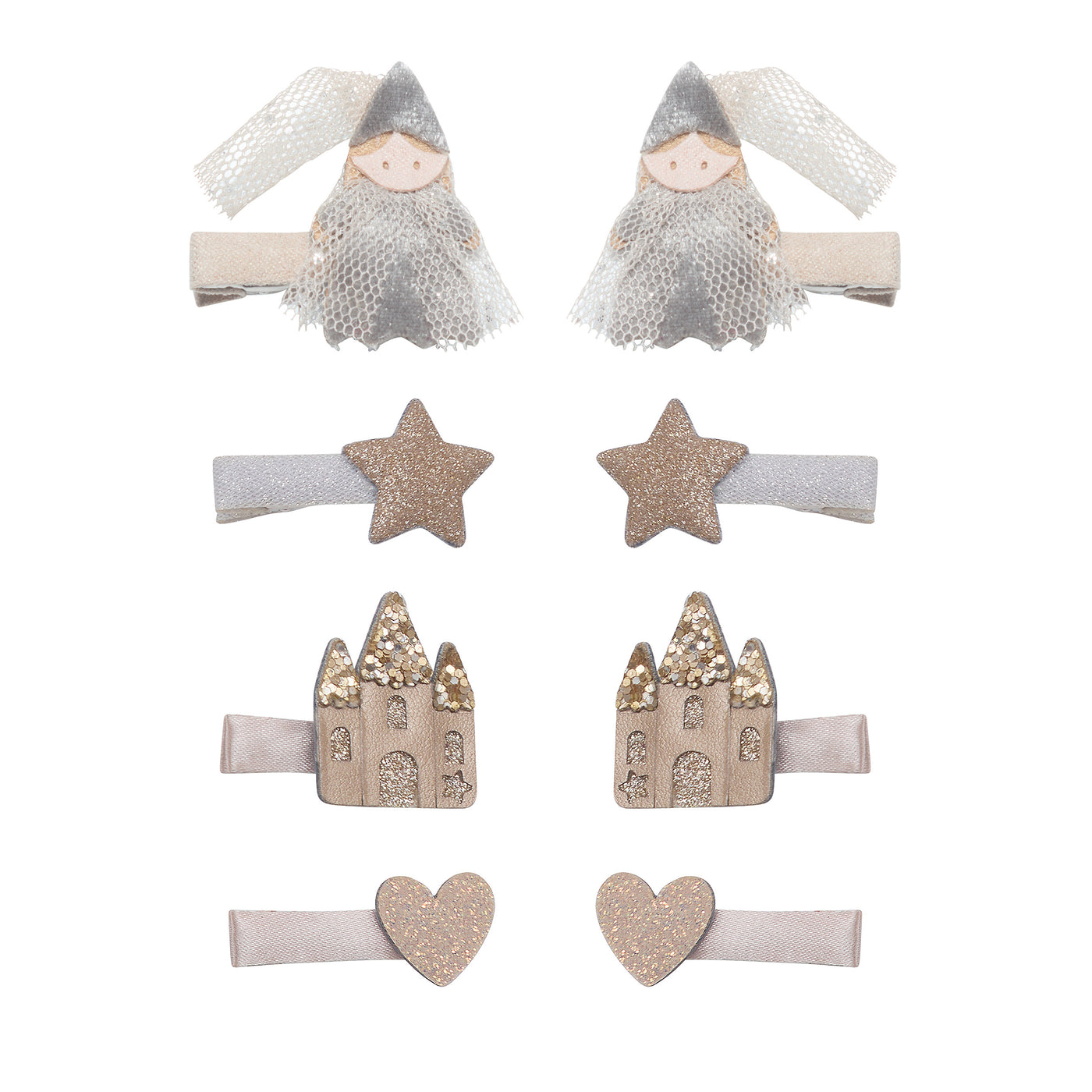 Ribbon wrapped princess mini clip set -sweet princess with sparkly tulle cape and hat- castle with glittery towers and glittery windows and doors- glittery heart clips- glittery star clips 