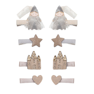 Ribbon wrapped princess mini clip set -sweet princess with sparkly tulle cape and hat- castle with glittery towers and glittery windows and doors- glittery heart clips- glittery star clips 