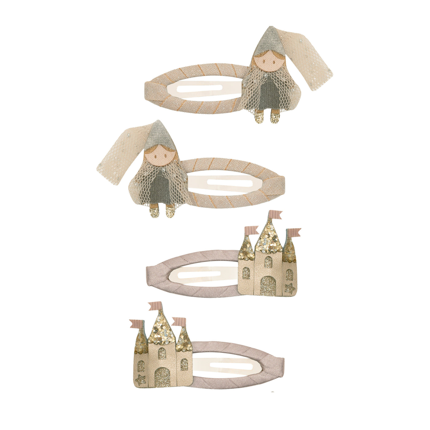 Ribbon wrapped princess clip set -sweet princess with sparkly shoes tulle cape and hat- castle with pink flags, glittery towers and glittery windows and doors