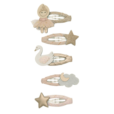Ballerina mini clic clacs wrapped in Leatherette, sparkly and glitter fabrics featuring- ballerina with a pink tulle tutu- gold star- white fabric swan- Cloud and moon and a Leatherette gold star
