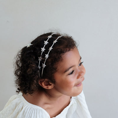 Child wearing a star-patterned headband against a plain background