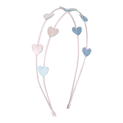 Pink ribbon wrapped heart double alice band with sparkly pink, white, gold and silver hearts 