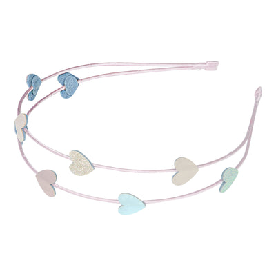 Pink ribbon wrapped heart double alice band with sparkly pink, white, gold and silver hearts 