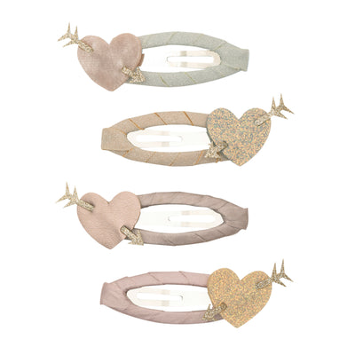 Cupids heart clic clacs wrapped in sparkly ribbon and sateen ribbon finished with velvet, glittery gold, glittery silver and metalic PU hearts and glittery arrows 