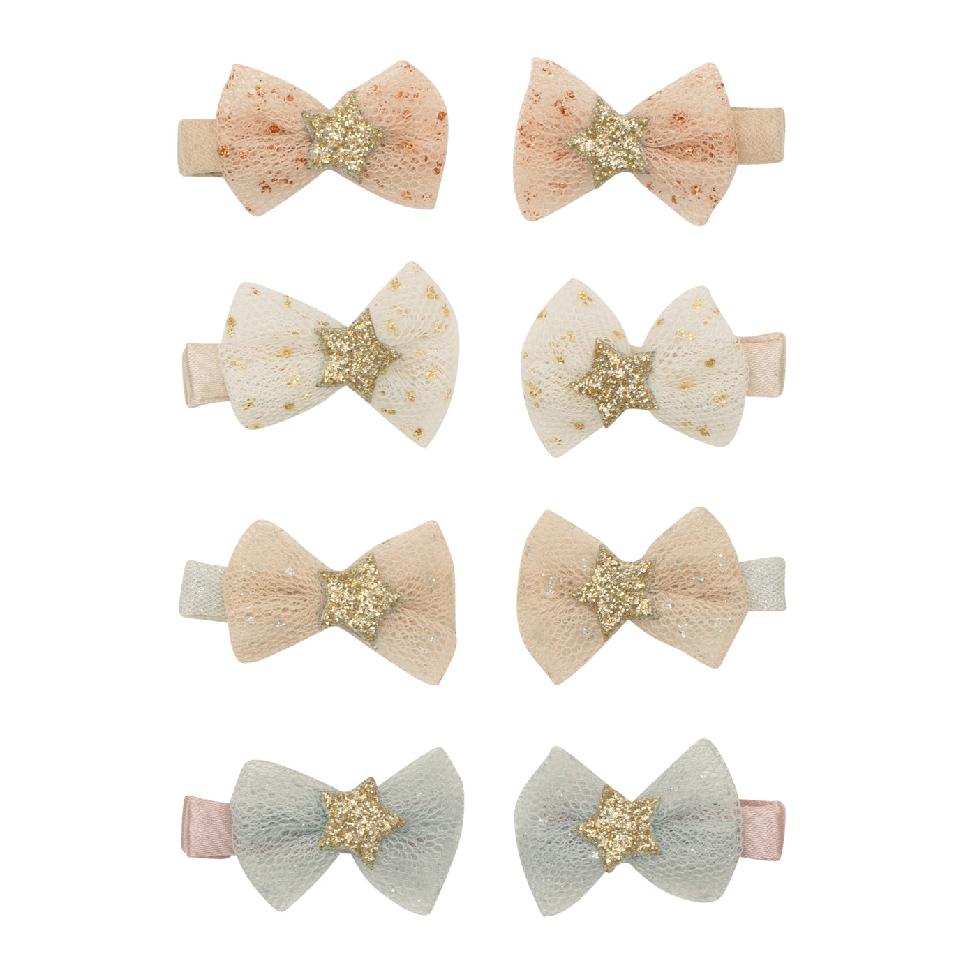 Mini glitter flecked tulle tutu bow clips in blush pink, white and blue with glittery gold stars 