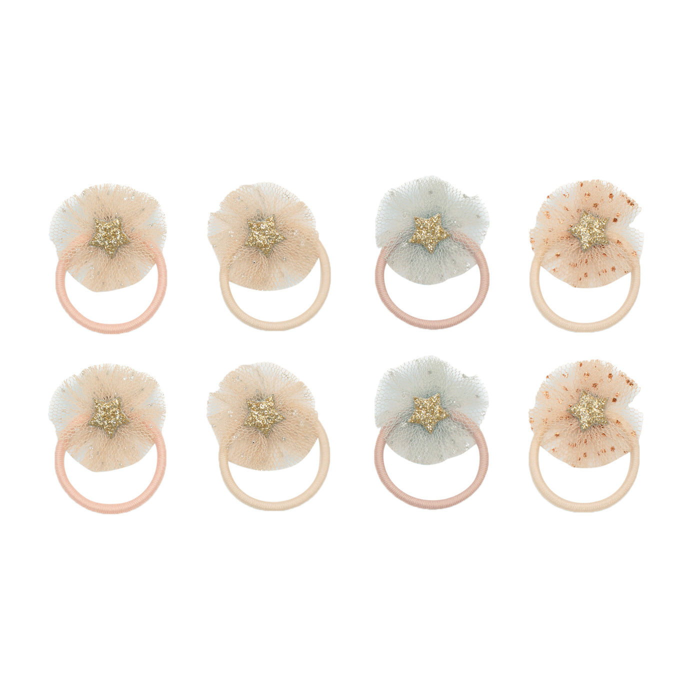 Mini glitter flecked tulle rosette star ponies in blush pink and blue with glittery gold stars 