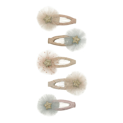 Mini glitter flecked tulle rosette star clips in blush pink and blue with glittery gold stars 