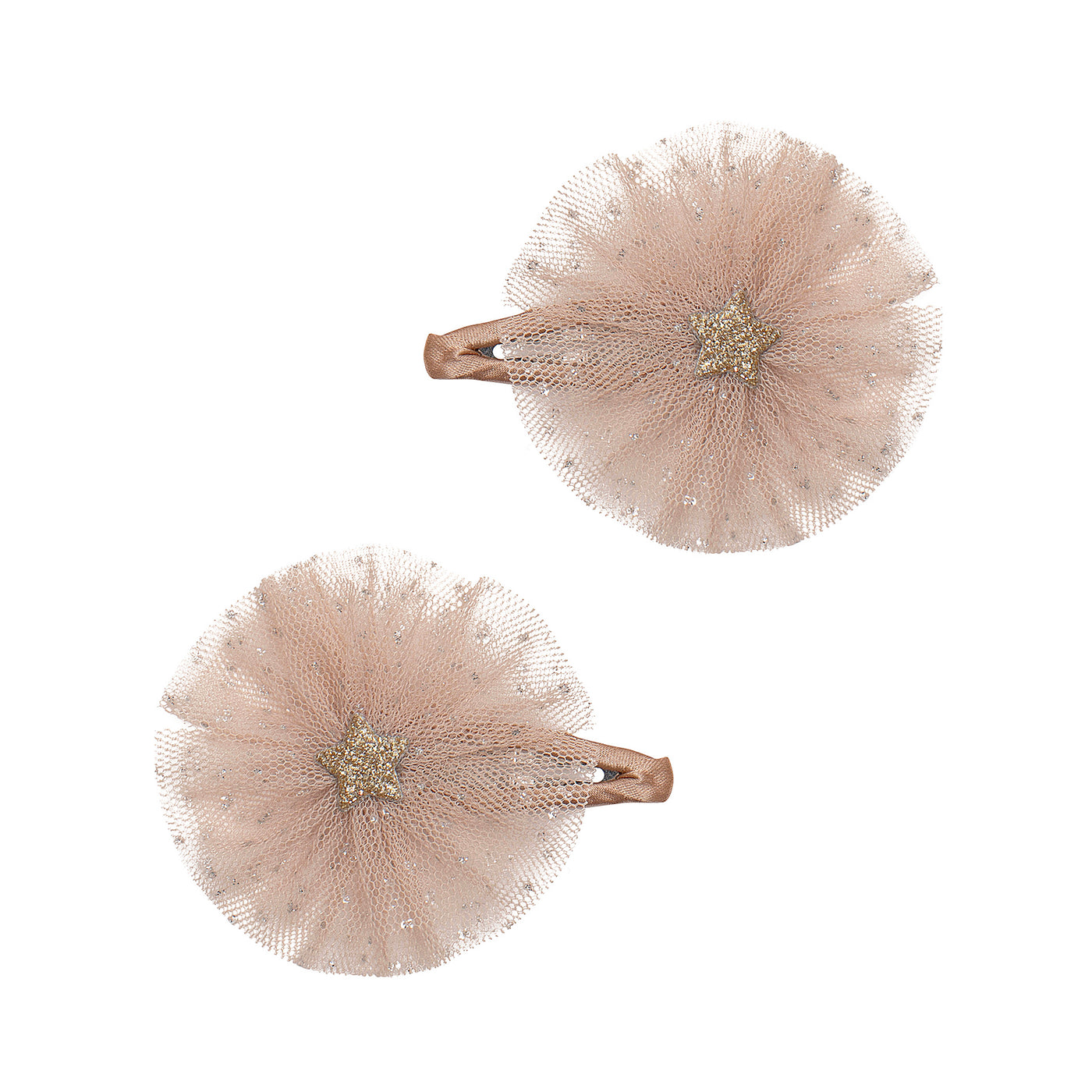 flecked tulle rosette star clips in blush pink with glittery gold stars 