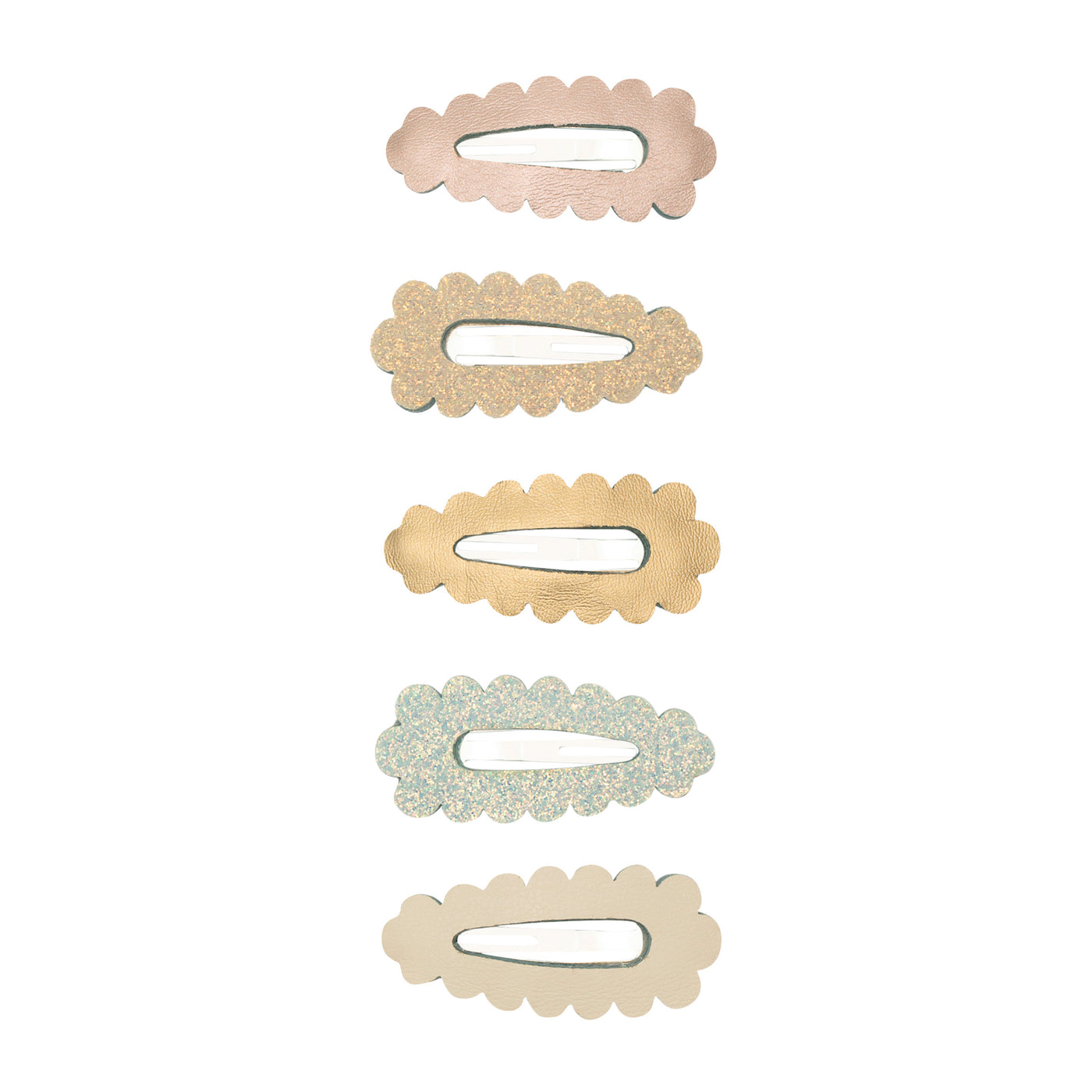 Sparkling scalloped mini clic clacs in Metalic PU and glittery fabrics