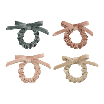 Sparkly velvet bow scrunchies in grey, beige, light pink and dark pink