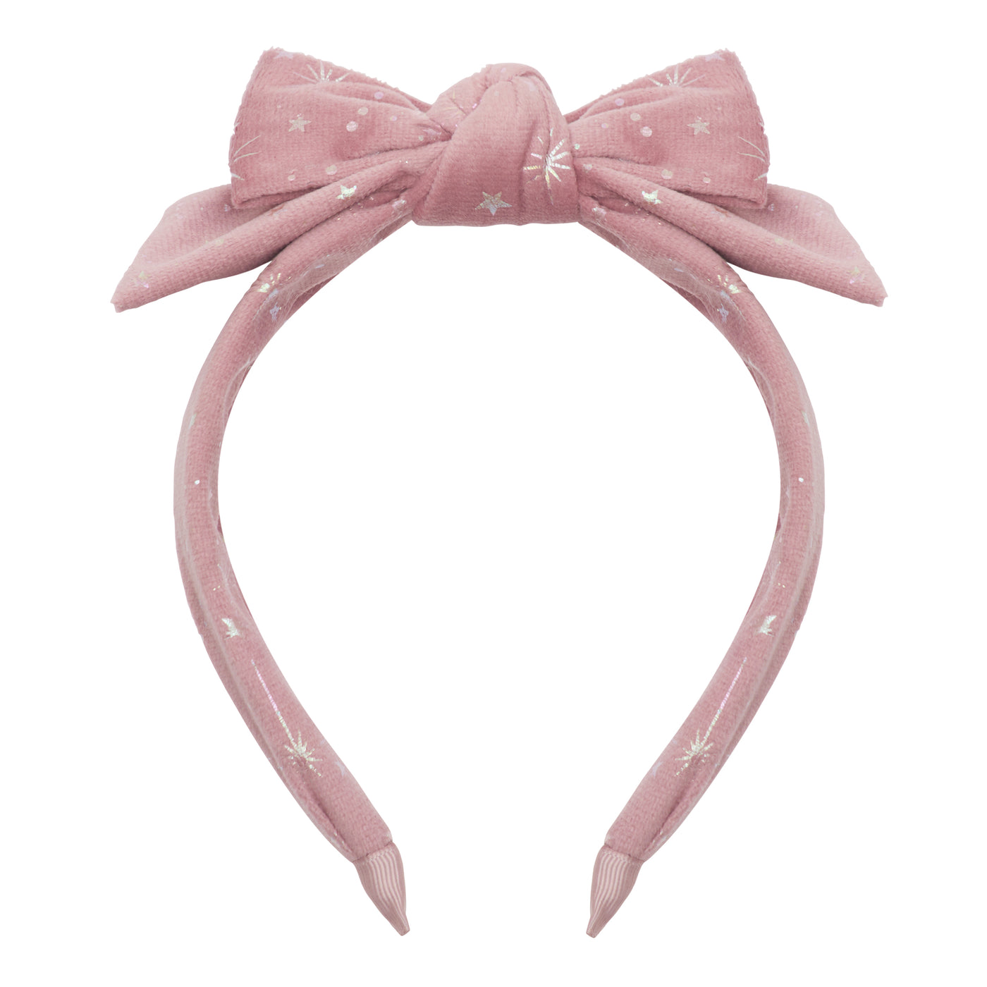 Bright pink velvet and silver foil printed alice band with oversized bow