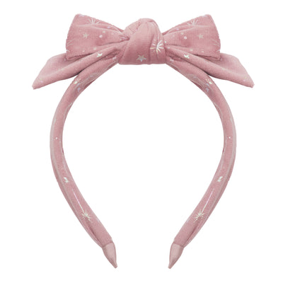 Bright pink velvet and silver foil printed alice band with oversized bow