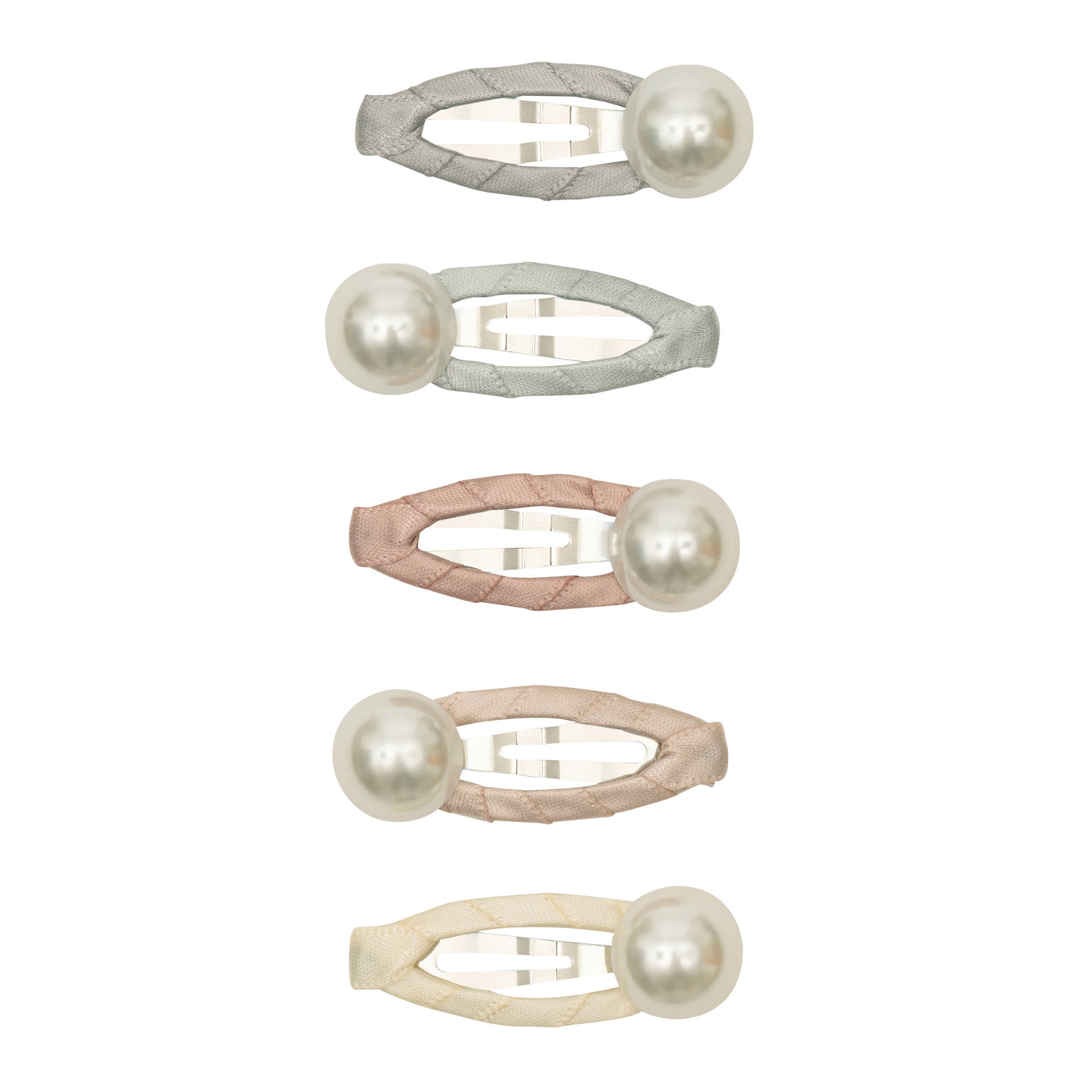 Pearlescent mini clic clacs wrapped in sateen ribbon and finished with a large pearl